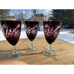 VTG Bohemian Dark Ruby Red Cut To Clear Footed Crystal Wine Goblets 5-1/4”~3 Pc